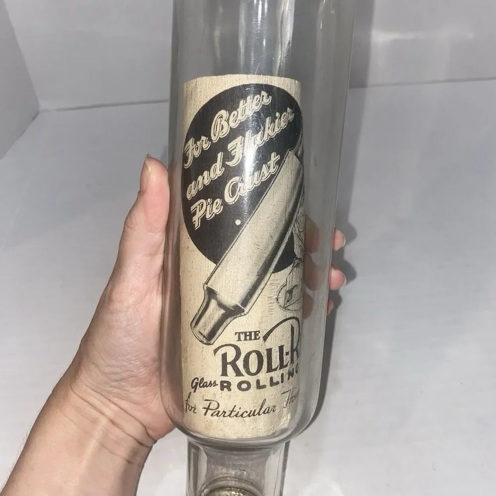 Vintage Roll Rite Good Housekeeping Glass Rolling Pin Metal Cover W Paper Recipe